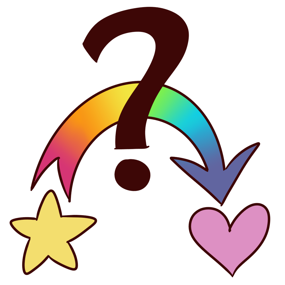 a rainbow arrow pointing from a yellow star to a pink heart with a question mark over it